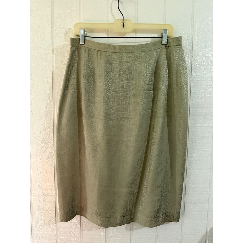 Papell Vintage 100% Silk Pencil Skirt Sage Green Textured Jacquard Size 14P